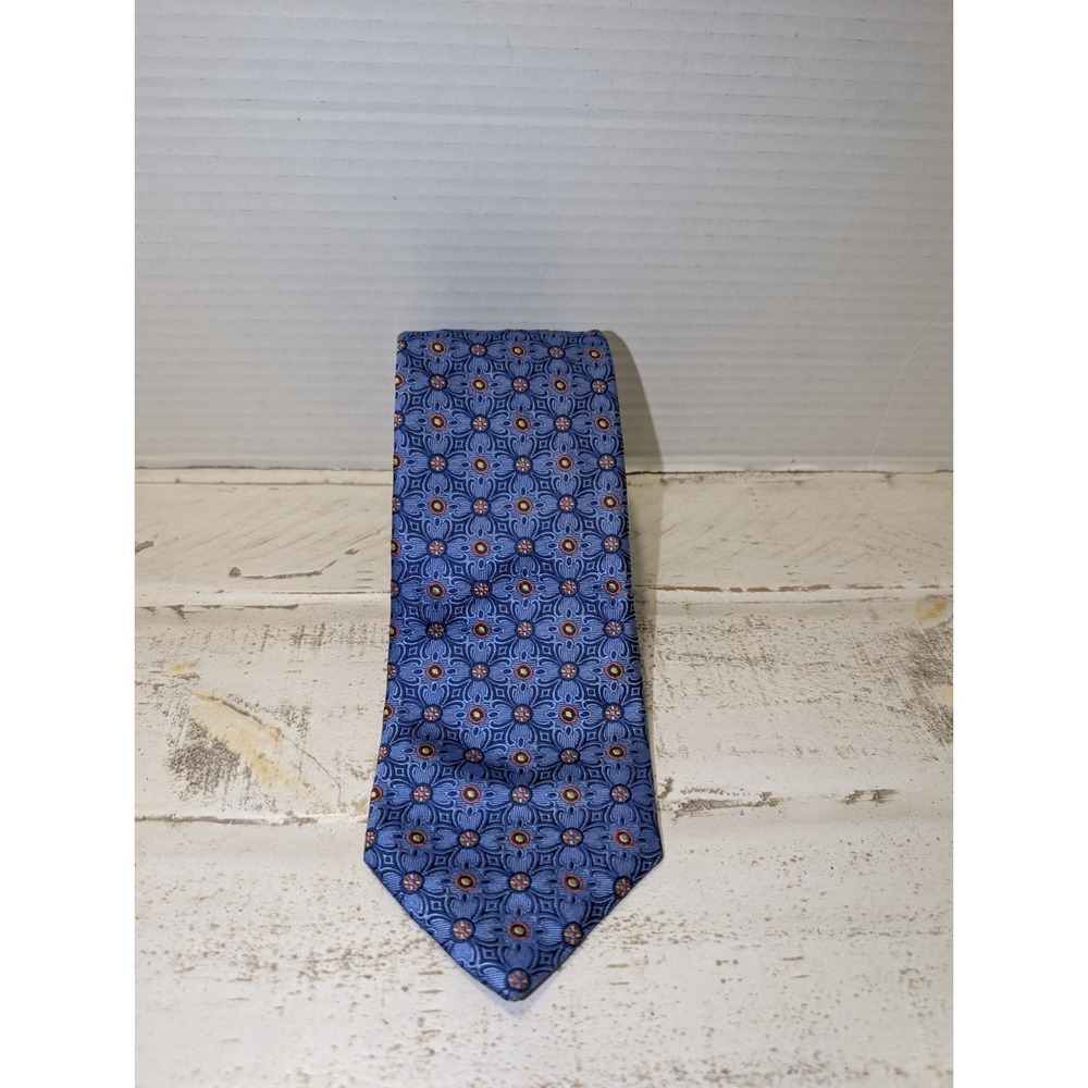 Geoff Nicholson Italy Silk Blend Blue Orange Geometric Medallion Luxury Tie
